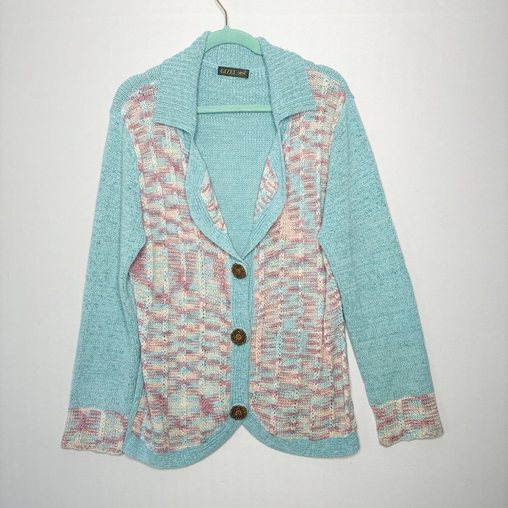 Vintage GIZEL 1X Blue Pastel Knit‎ Cardigan Sweater Blazer Button Front